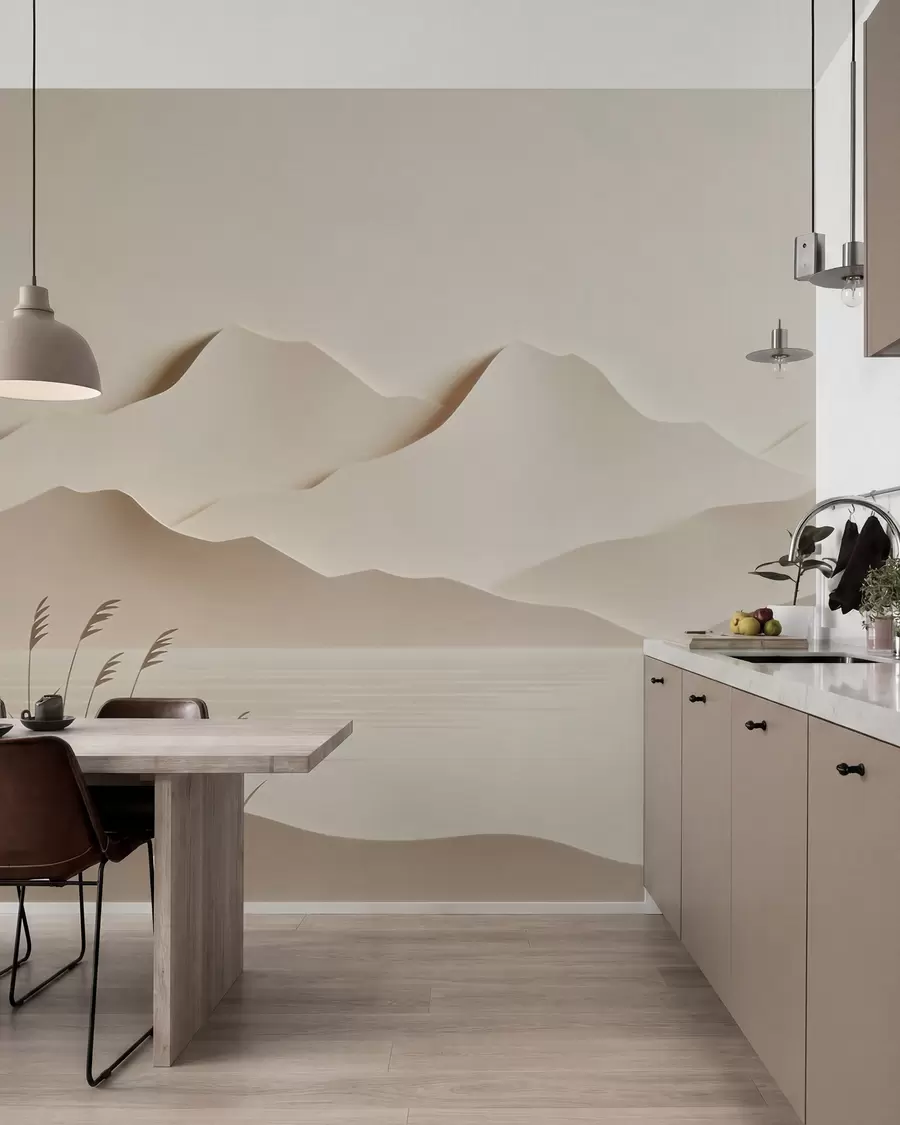 Fotobehang Een gelaagd berglandschap boven een rustig meer in een warm beige kleurenpalet w09876