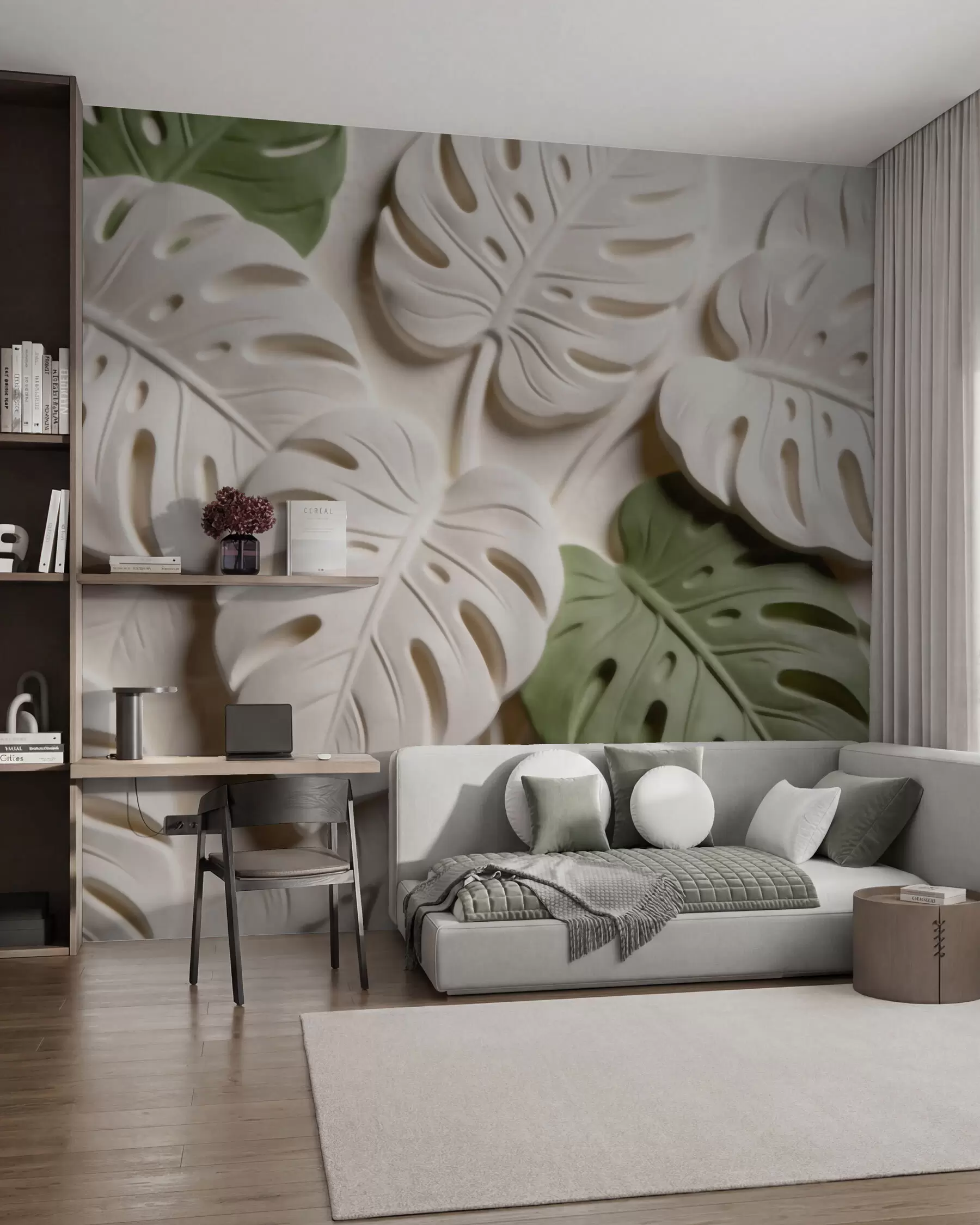 Fotobehang Botanische monstera-bladeren in reliëf in crèmekleurige en groene tinten w09883