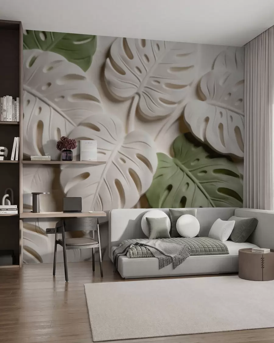 Fotobehang Botanische monstera-bladeren in reliëf in crèmekleurige en groene tinten w09883
