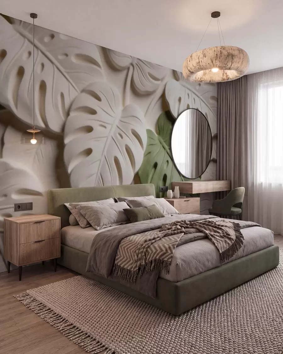 Fotobehang Botanische monstera-bladeren in reliëf in crèmekleurige en groene tinten w09883