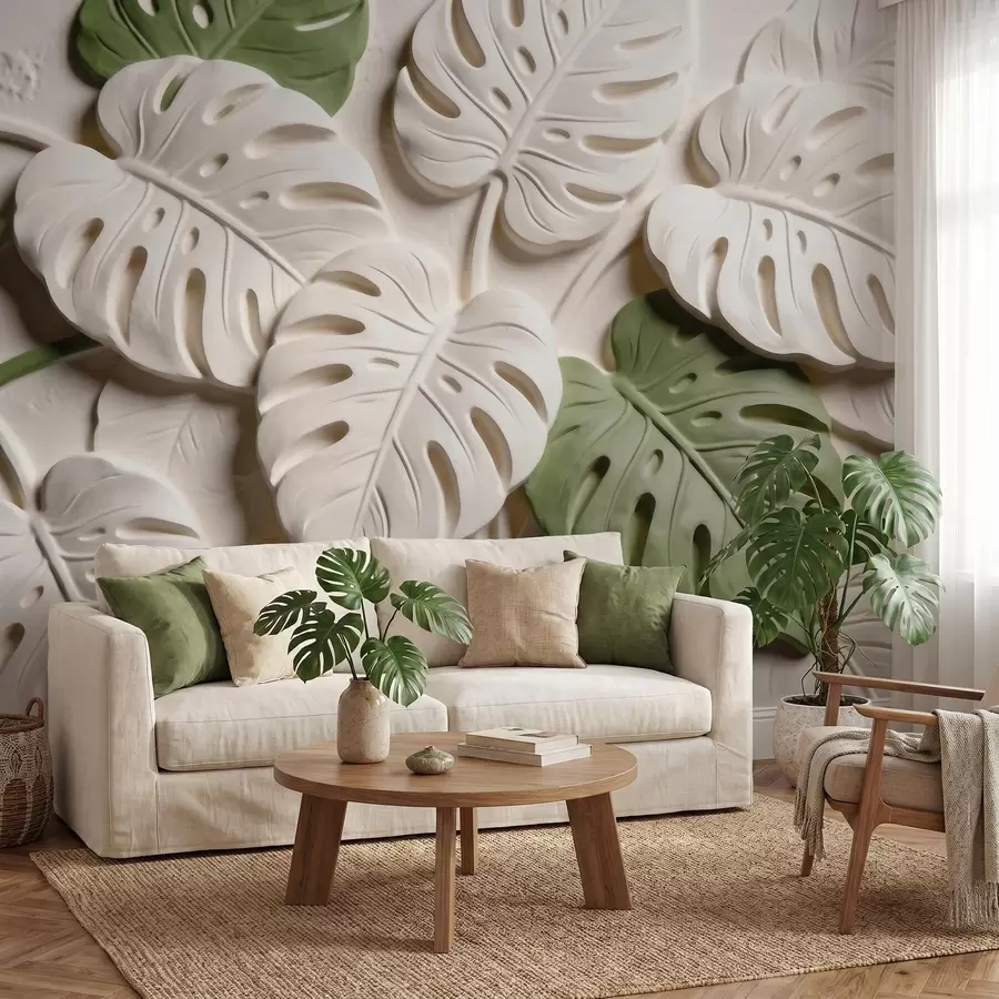 Fotobehang Botanische monstera-bladeren in reliëf in crèmekleurige en groene tinten w09883