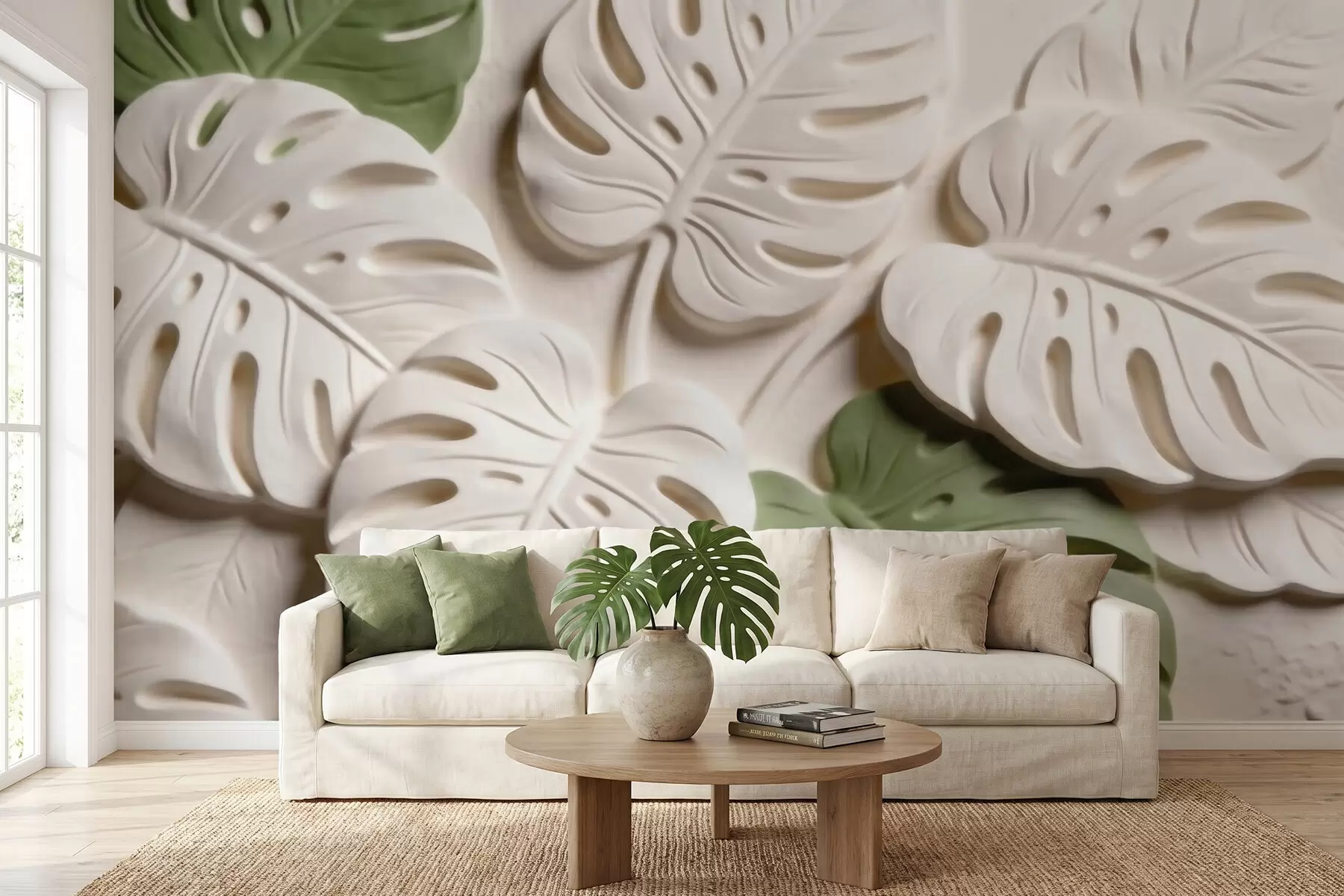 Fotobehang Botanische monstera-bladeren in reliëf in crèmekleurige en groene tinten w09883