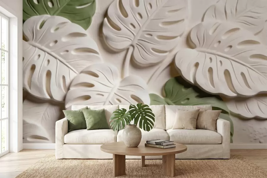 Fotobehang Botanische monstera-bladeren in reliëf in crèmekleurige en groene tinten w09883