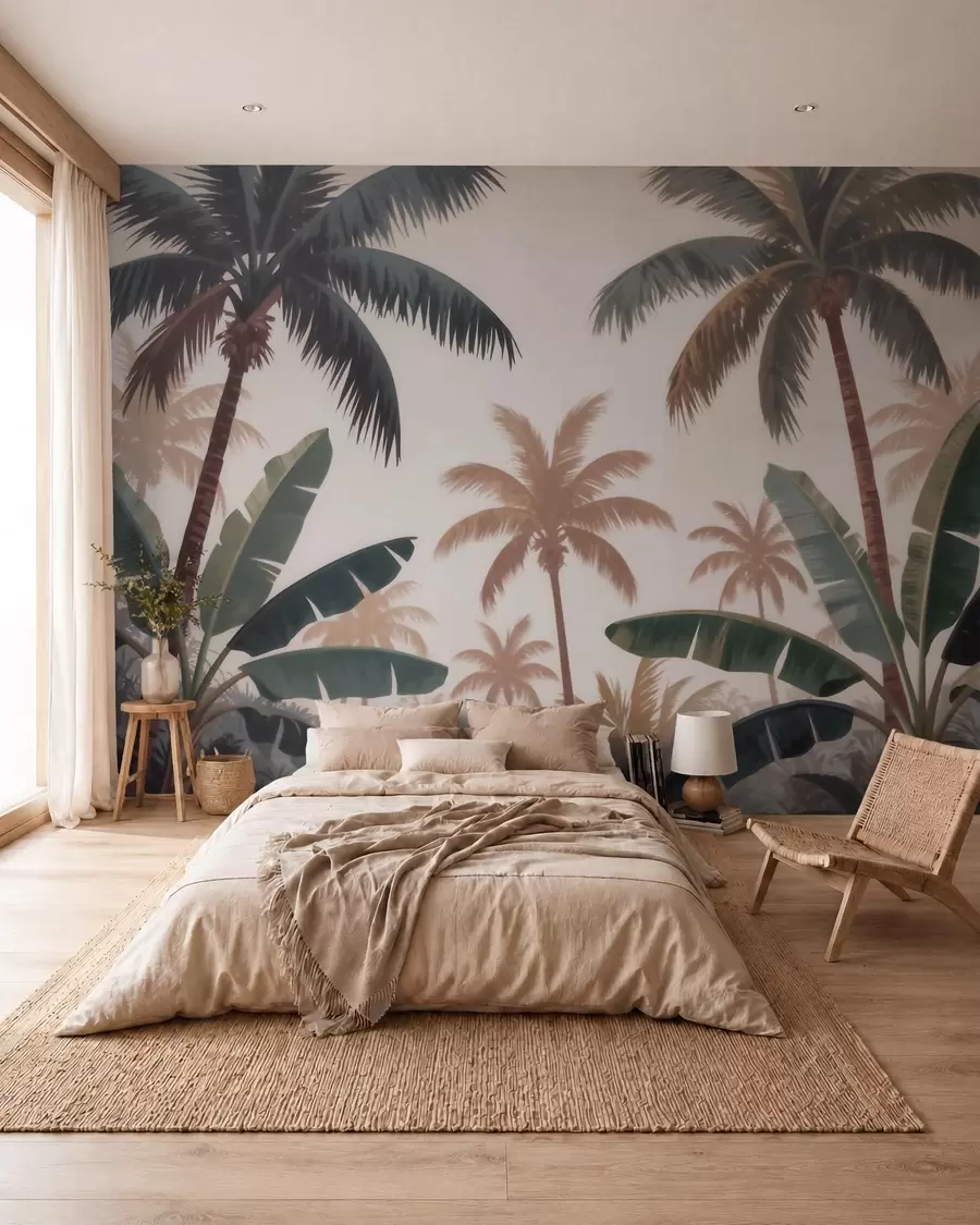 Fotobehang Tropische palmbomen in een zacht vintage kleurenpalet met een mistige ochtendsfeer w09884