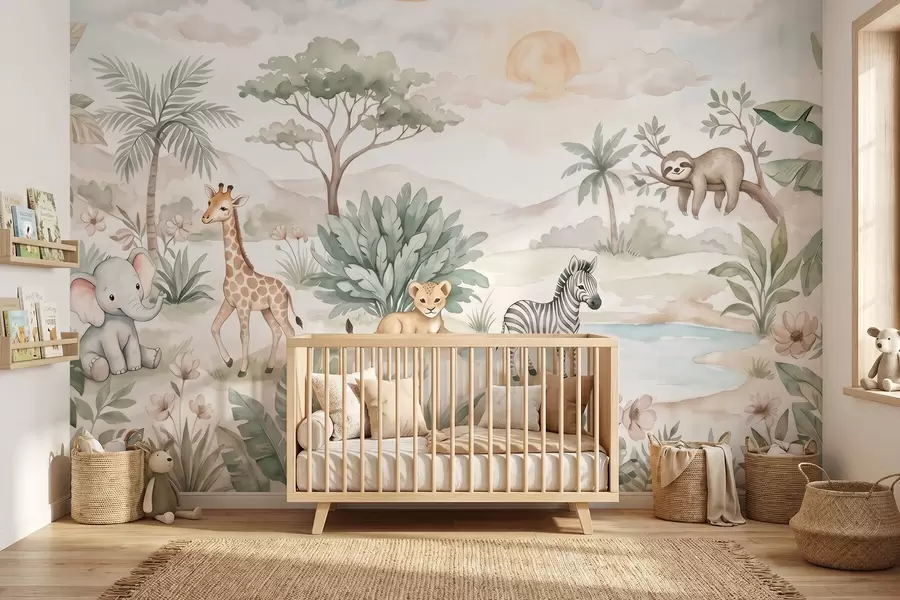 Fotobehang Aquarelafbeelding van een safari met dieren in zachte pasteltinten, met onder meer een giraf, een babyolifant, een zebra en een leeuwenwelpje w09888
