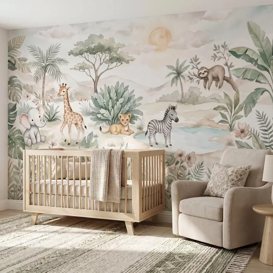 Fotobehang Aquarelafbeelding van een safari met dieren in zachte pasteltinten, met onder meer een giraf, een babyolifant, een zebra en een leeuwenwelpje w09888