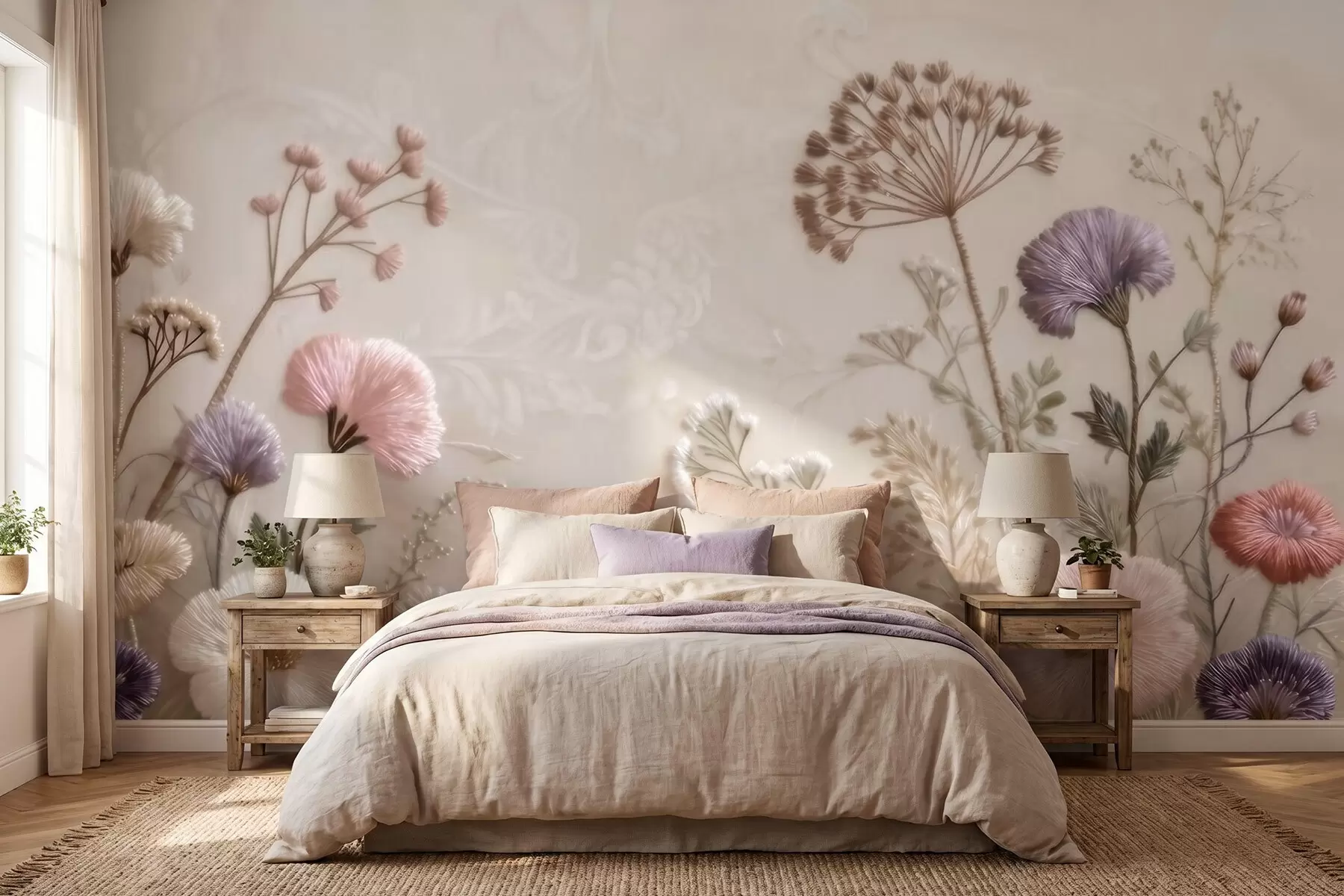 Fotobehang Driedimensionale veldbloemen met een handgeborduurd effect in pastelkleuren w09874