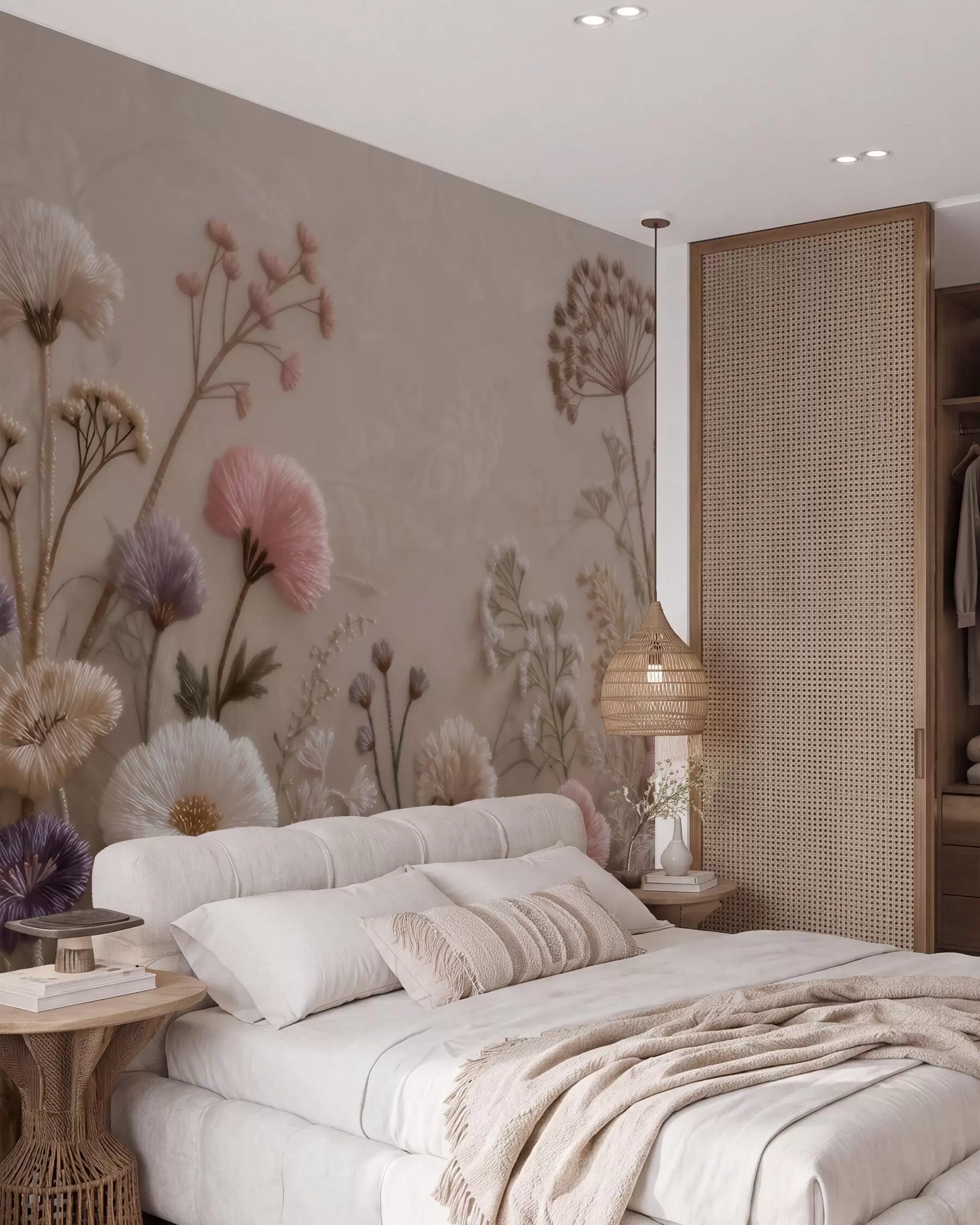 Fotobehang Driedimensionale veldbloemen met een handgeborduurd effect in pastelkleuren w09874