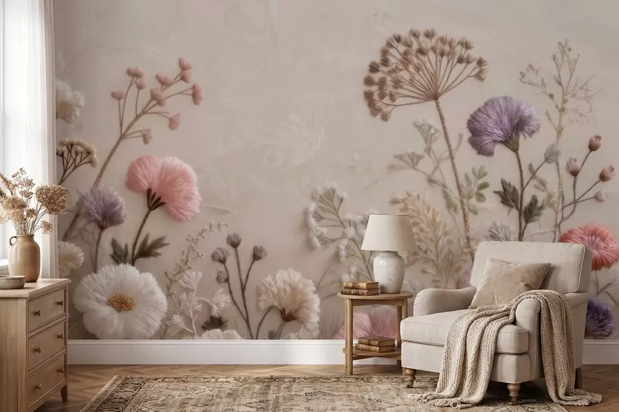 Fotobehang Driedimensionale veldbloemen met een handgeborduurd effect in pastelkleuren w09874