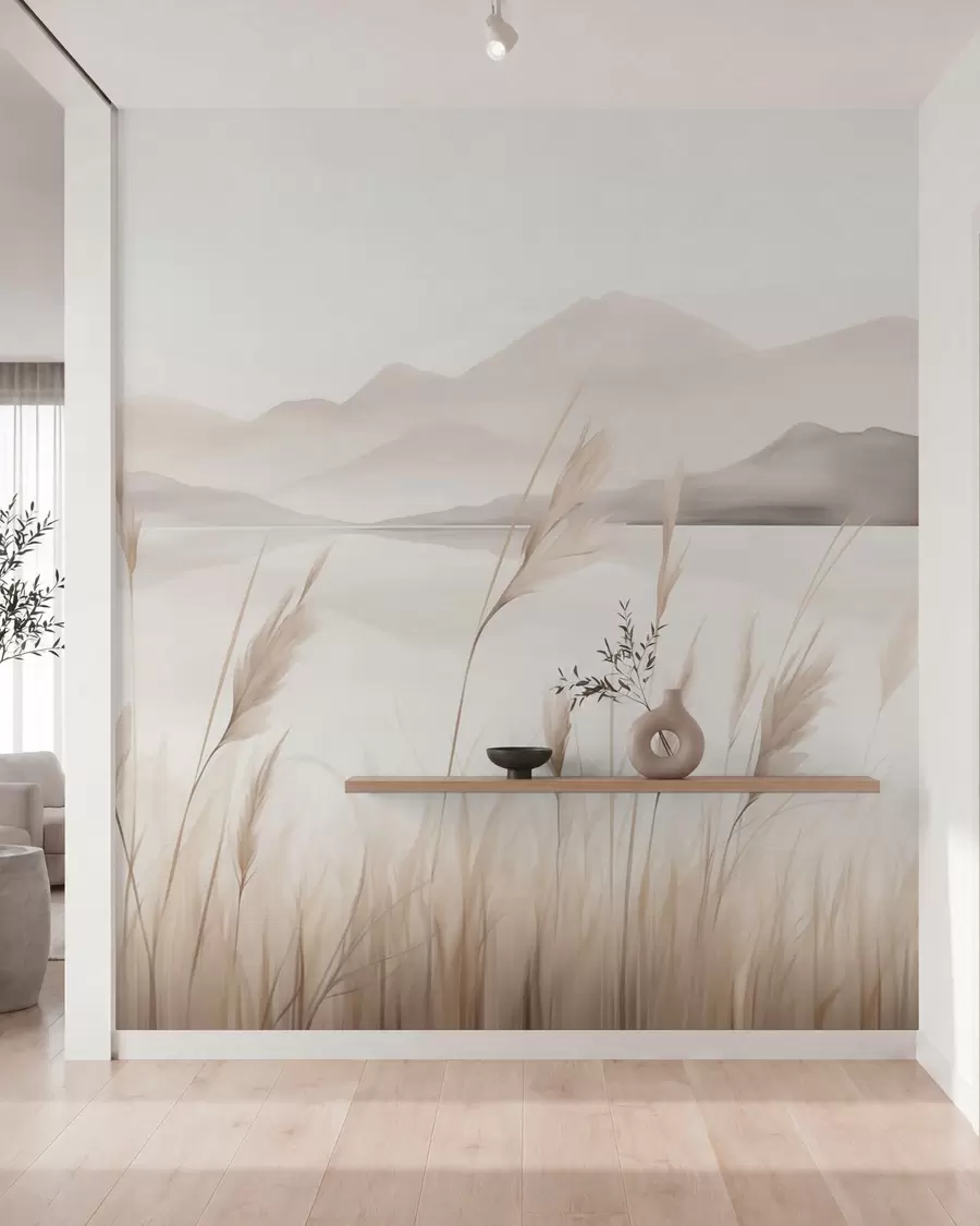 Fotobehang Riet aan de oever van een meer met bergen op de achtergrond, naar een schilderij w05704