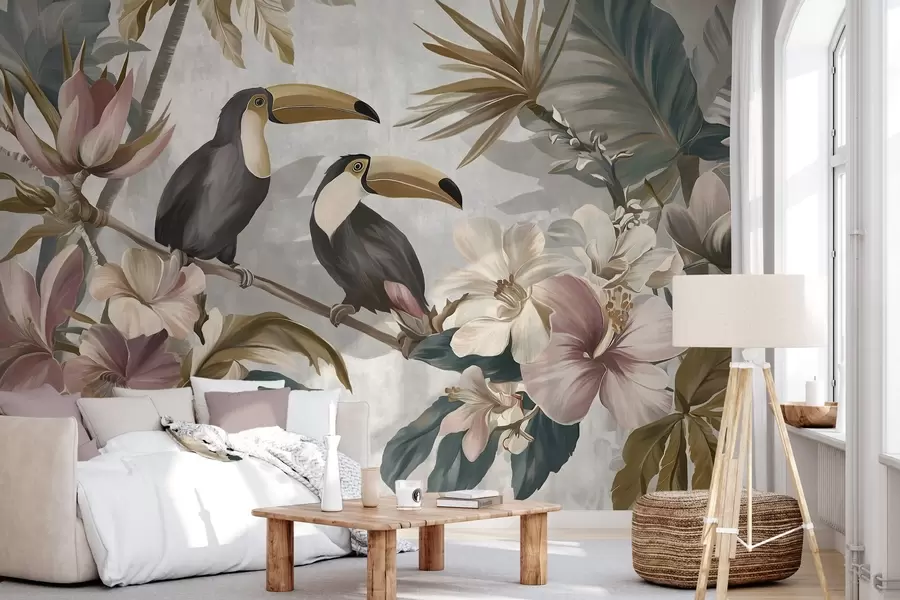 Fotobehang een paar toekans te midden van tropische bloemen en bladeren w05657