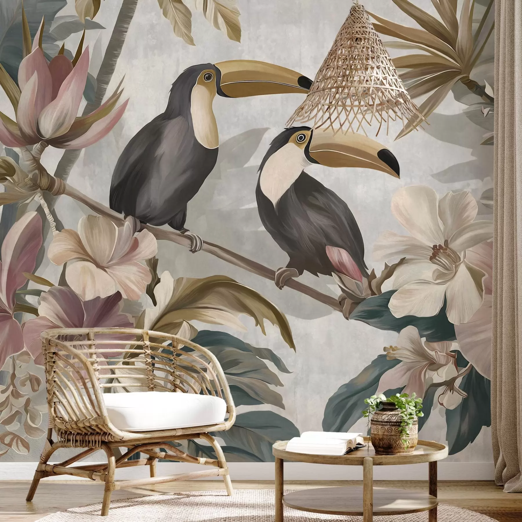 Fotobehang een paar toekans te midden van tropische bloemen en bladeren w05657