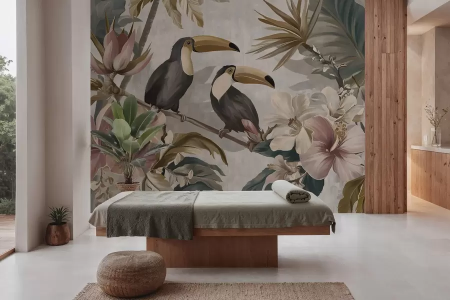 Fotobehang een paar toekans te midden van tropische bloemen en bladeren w05657