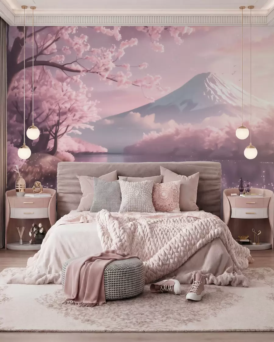Fotobehang Rustgevend Japans landschap met kersenbloesems en een bergmeer bij zonsopgang w09864