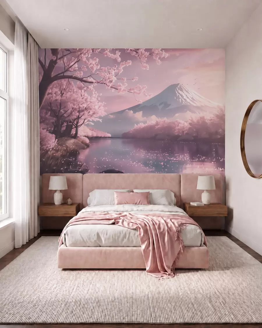 Fotobehang Rustgevend Japans landschap met kersenbloesems en een bergmeer bij zonsopgang w09864