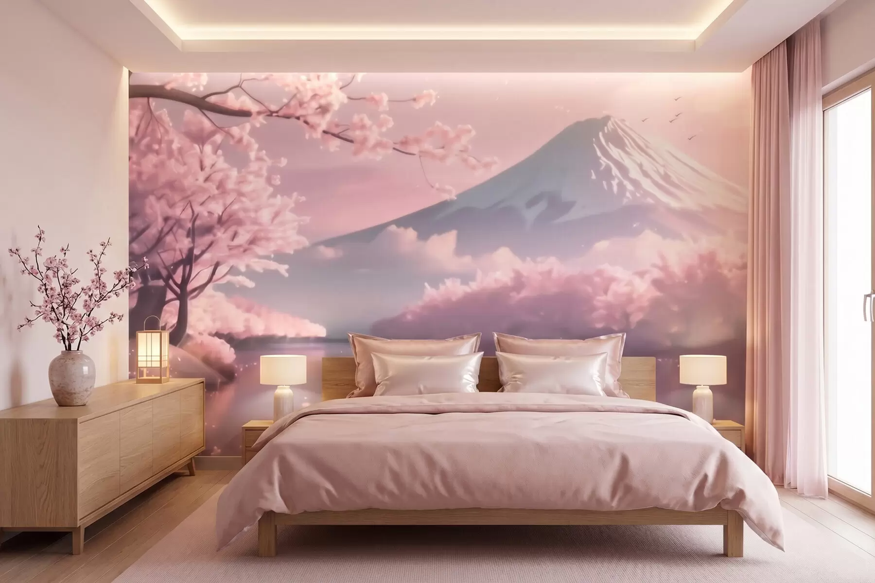 Fotobehang Rustgevend Japans landschap met kersenbloesems en een bergmeer bij zonsopgang w09864