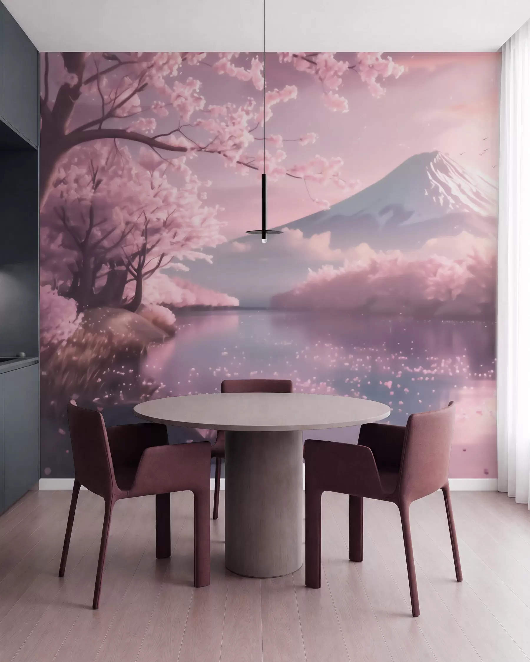 Fotobehang Rustgevend Japans landschap met kersenbloesems en een bergmeer bij zonsopgang w09864