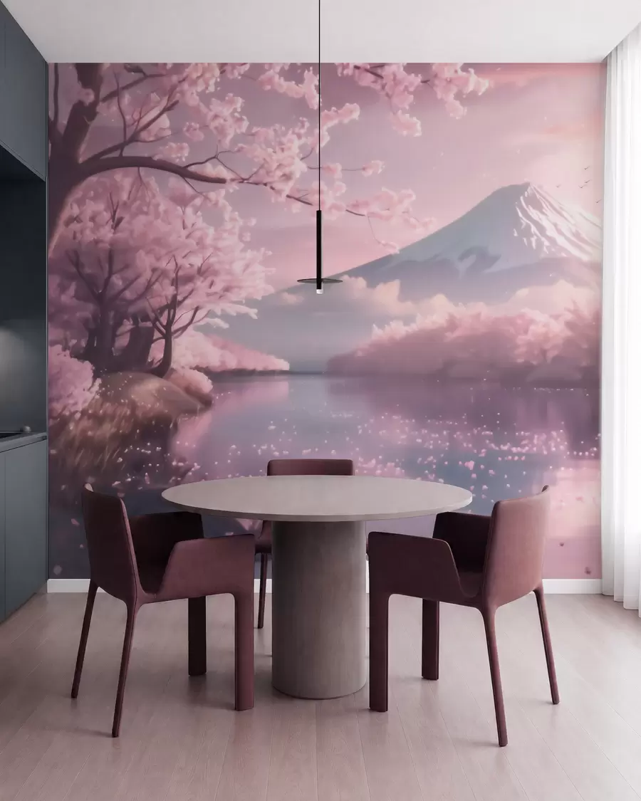 Fotobehang Rustgevend Japans landschap met kersenbloesems en een bergmeer bij zonsopgang w09864