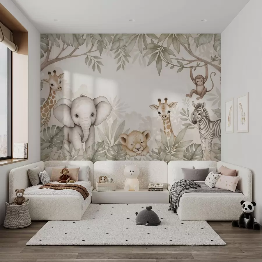 Fotobehang Schattige safaridieren te midden van tropisch gebladerte, weergegeven in aquarelstijl w09885