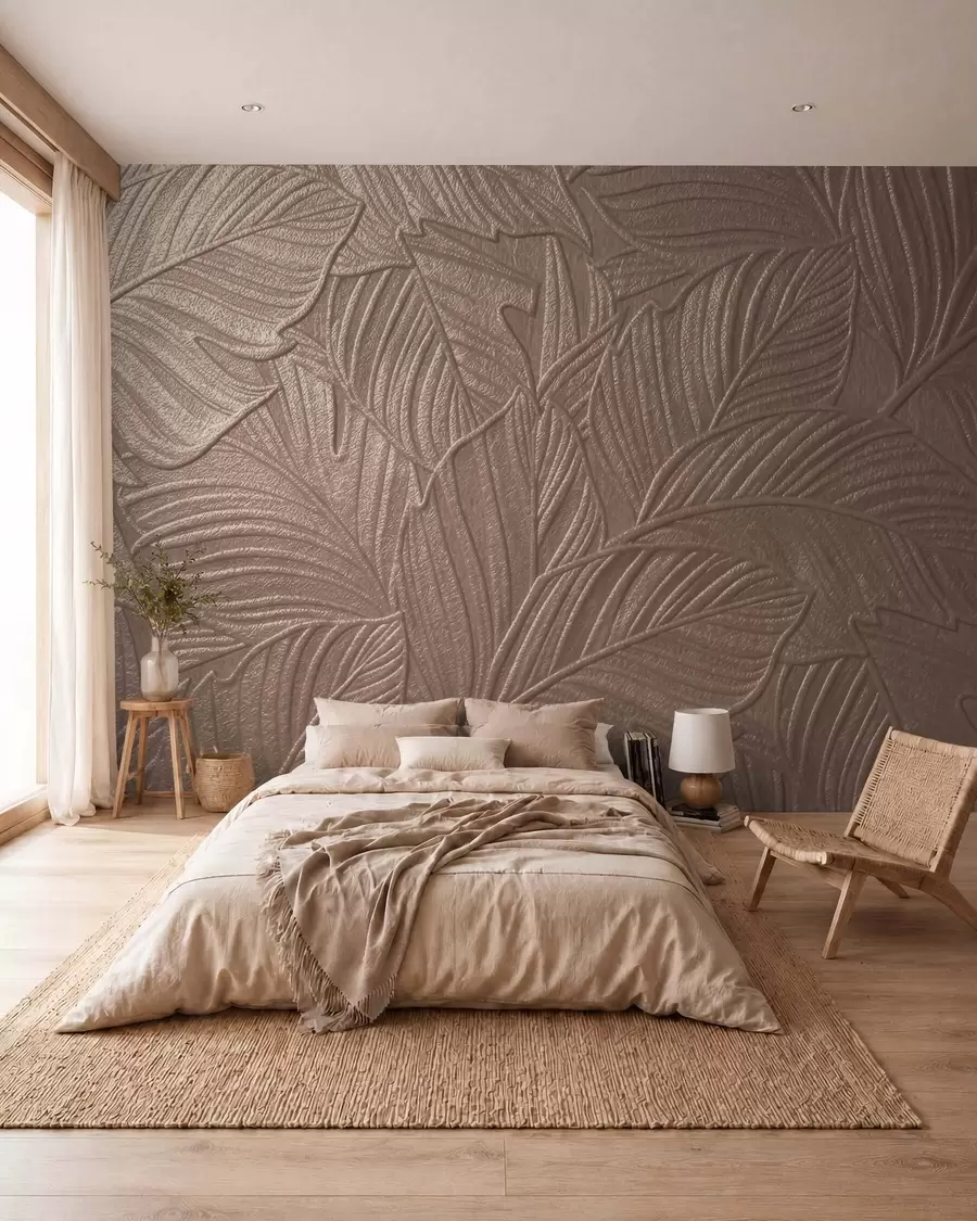 Fotobehang Tropische bladeren in reliëf met een subtiel reliëf in warme beige tinten w09886