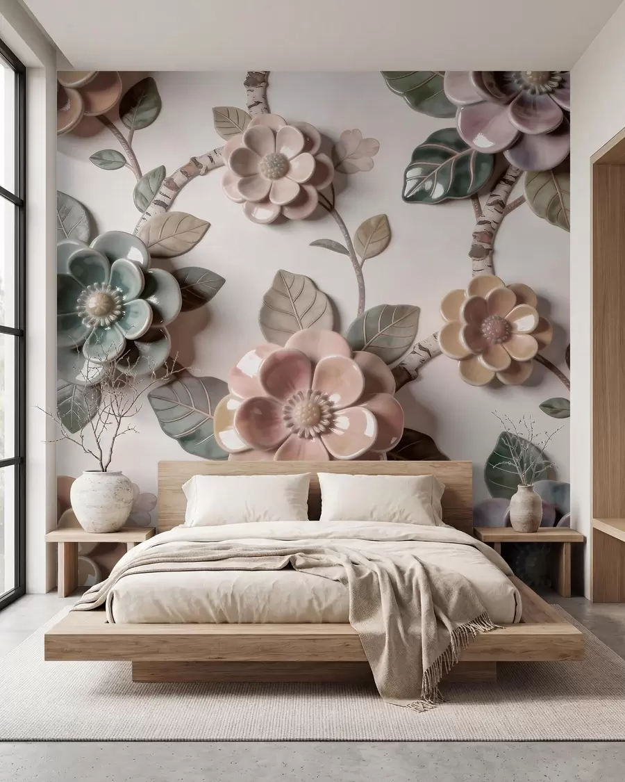 Fotobehang Driedimensionale keramische bloemen in zachte pasteltinten w09887