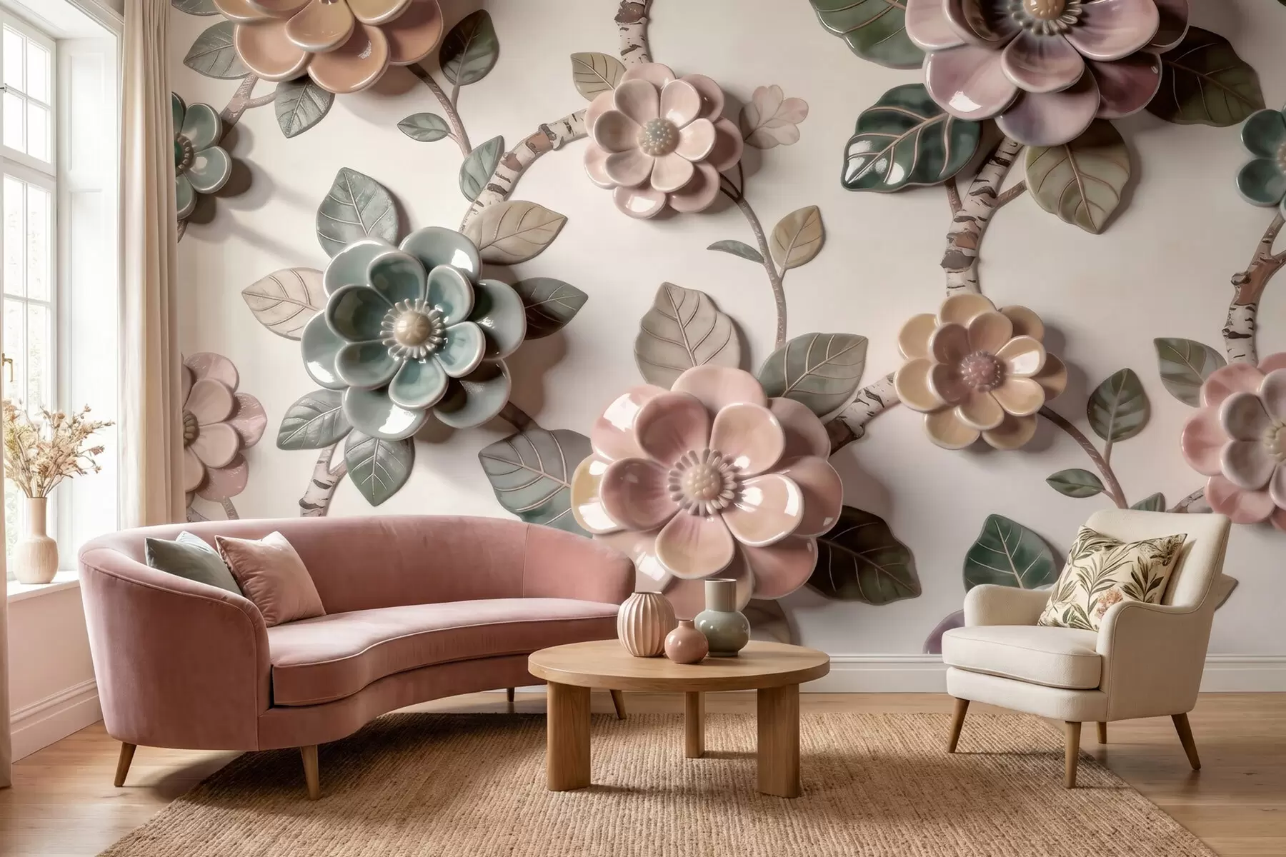 Fotobehang Driedimensionale keramische bloemen in zachte pasteltinten w09887