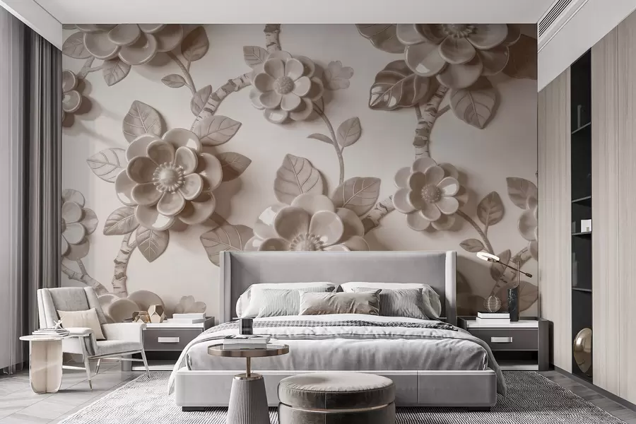 Fotobehang Elegant beige bloemstuk met driedimensionale, sculpturale bloemen w09887v1