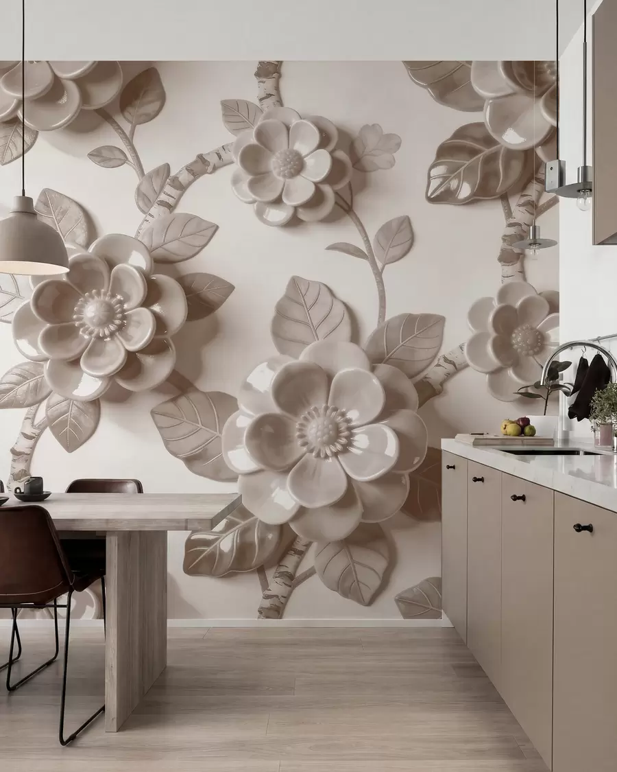 Fotobehang Elegant beige bloemstuk met driedimensionale, sculpturale bloemen w09887v1