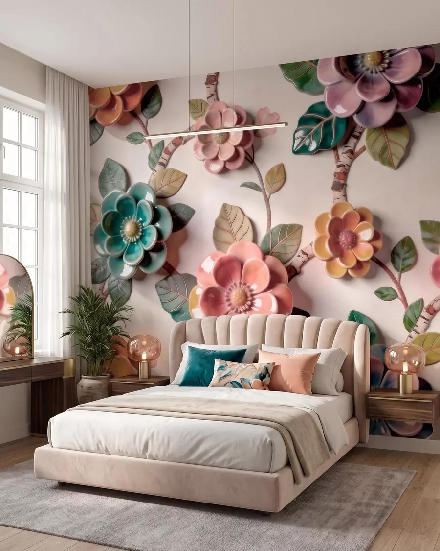 Fotobehang Driedimensionale keramische bloemen en bladeren in een levendig kleurenpalet w09887v2
