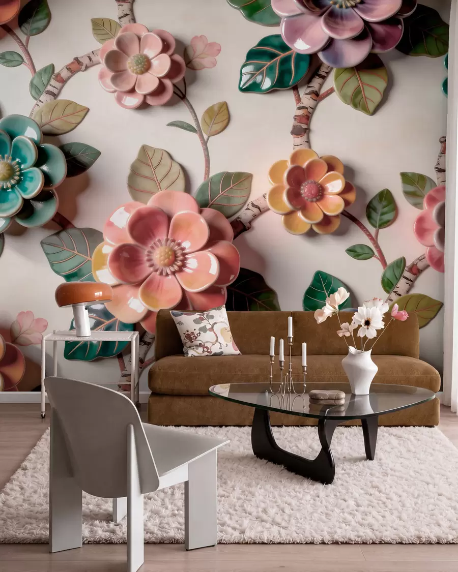 Fotobehang Driedimensionale keramische bloemen en bladeren in een levendig kleurenpalet w09887v2