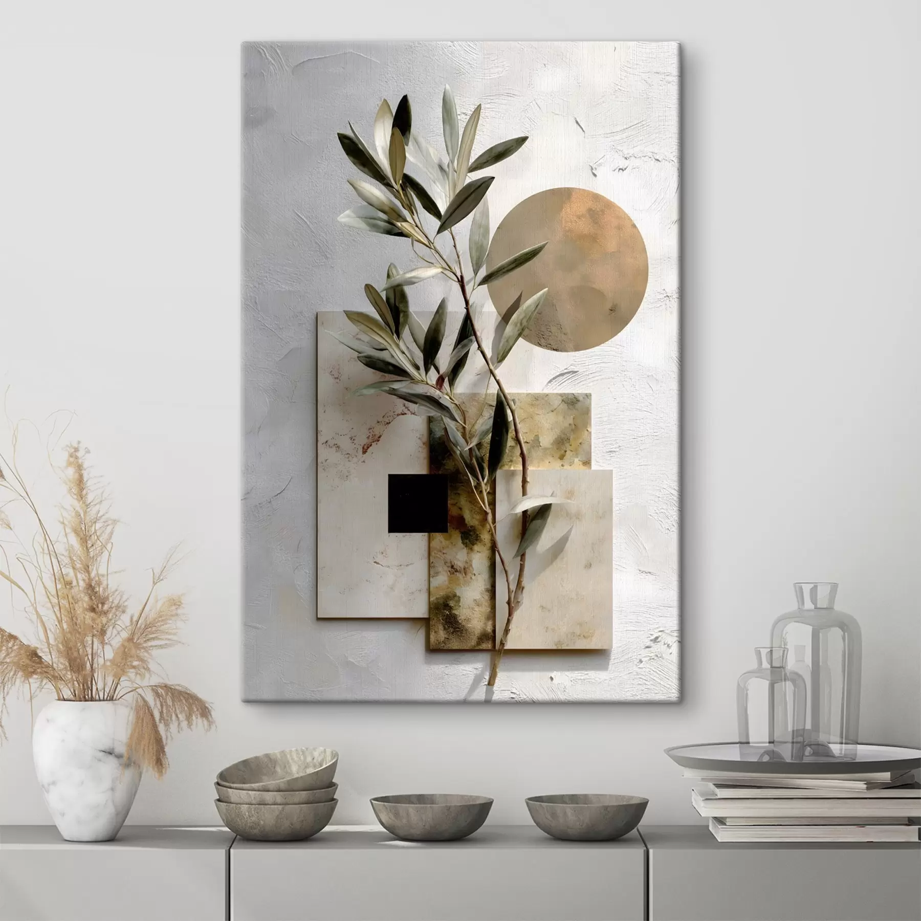  Schilderijen een abstracte compositie met een olijftak en geometrische vormen s49554