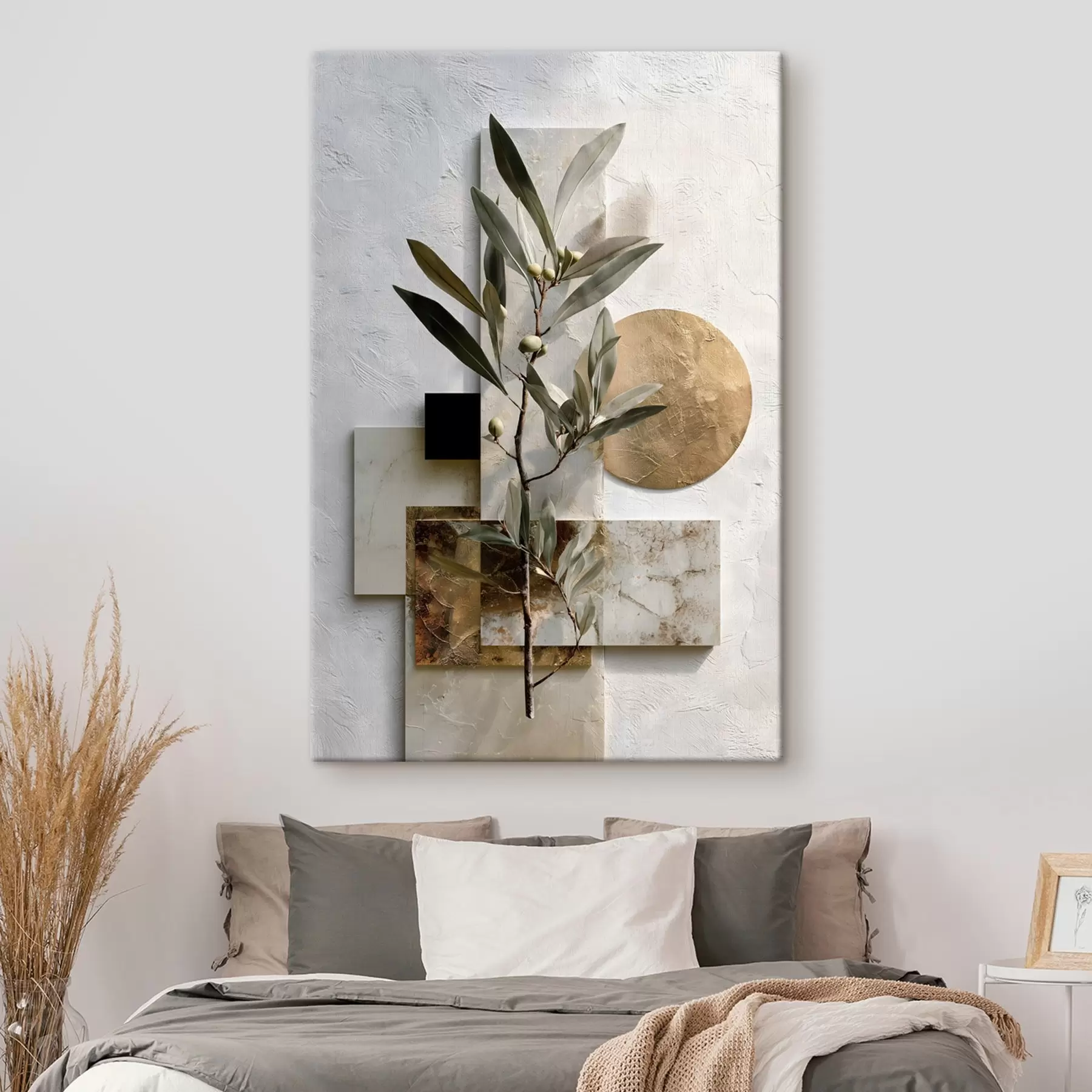  Schilderijen een abstracte compositie met een olijftak en geometrische vormen s49555