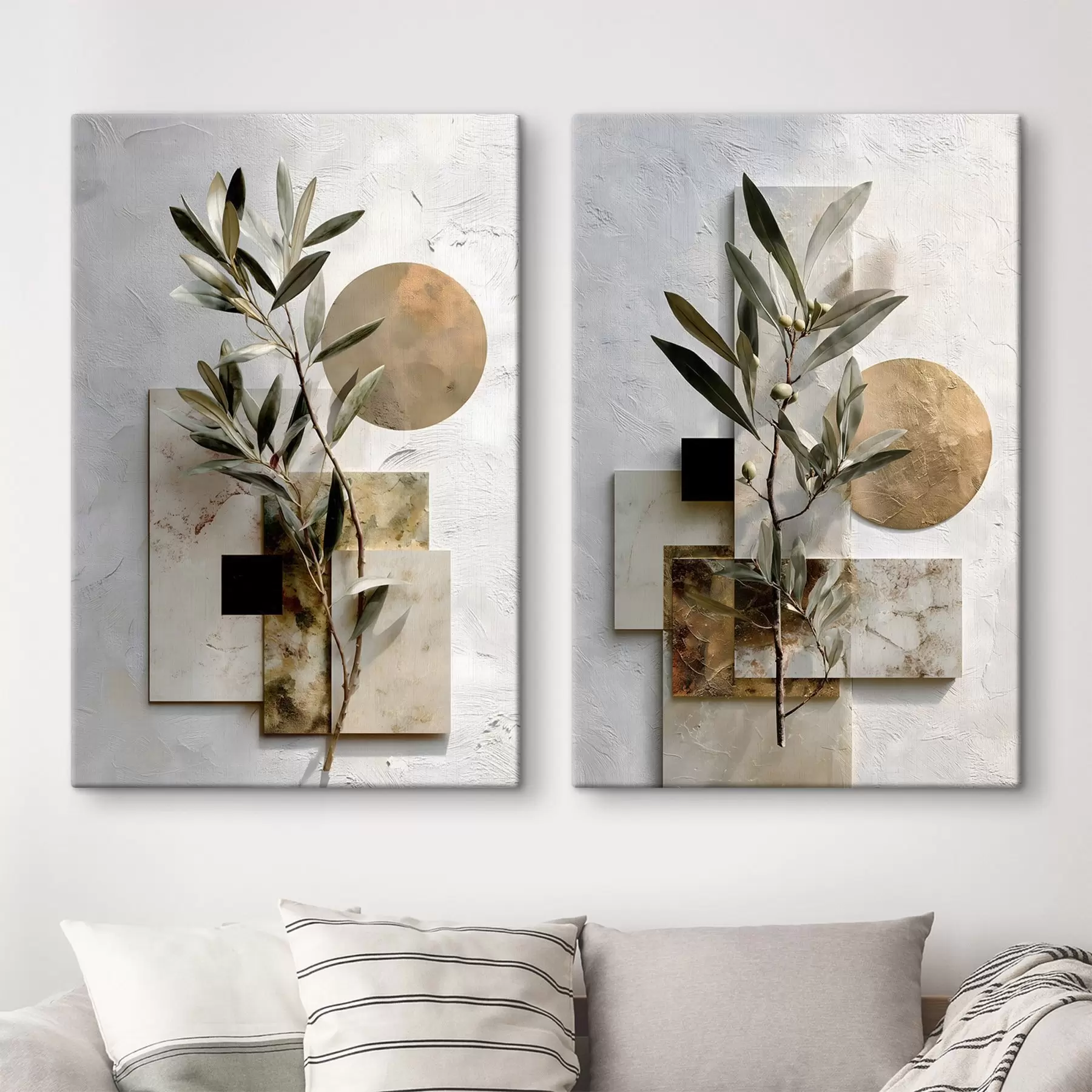 Schilderijen een abstracte compositie met een olijftak en geometrische vormen m30618