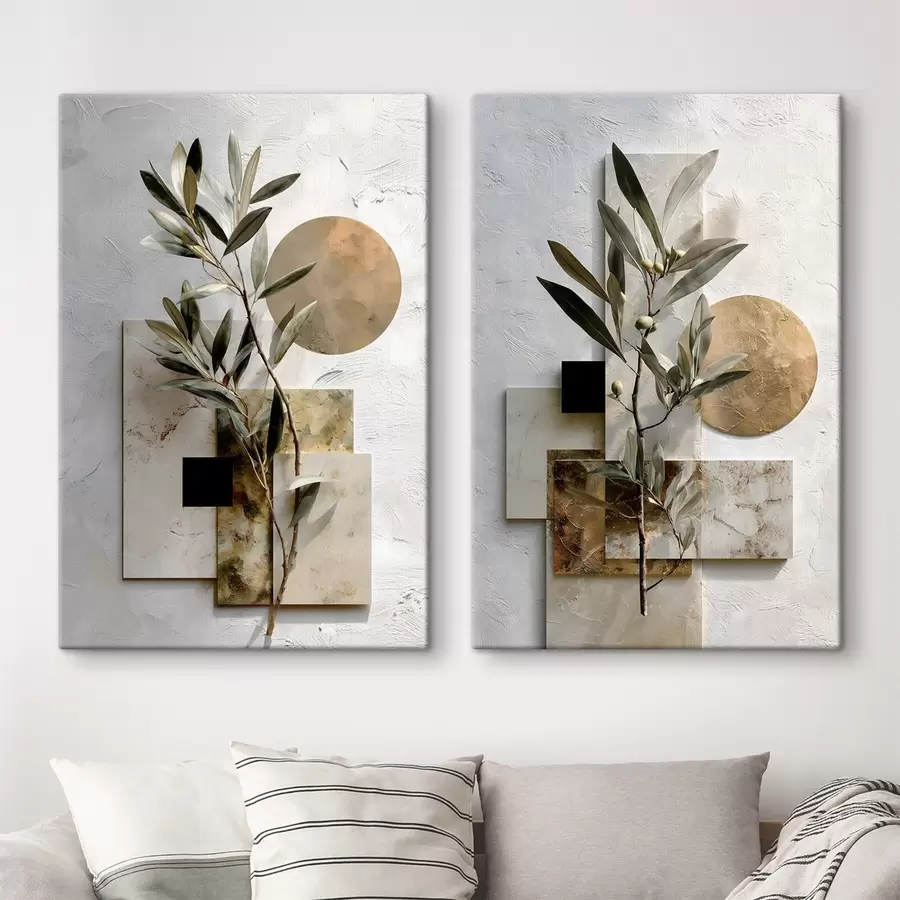  Schilderijen een abstracte compositie met een olijftak en geometrische vormen m30618