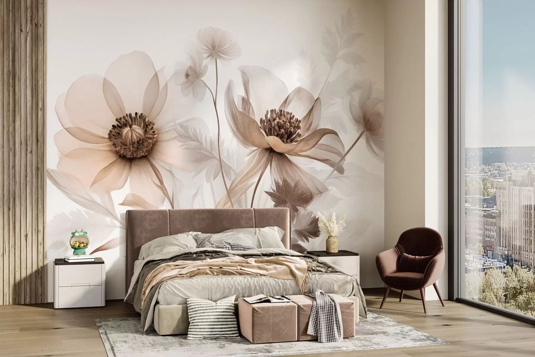 Fotobehang Grote, doorschijnende, sepia-kleurige bloemen met delicate bloemblaadjes, gevederde bladeren en kleinere bloemetjes w09900
