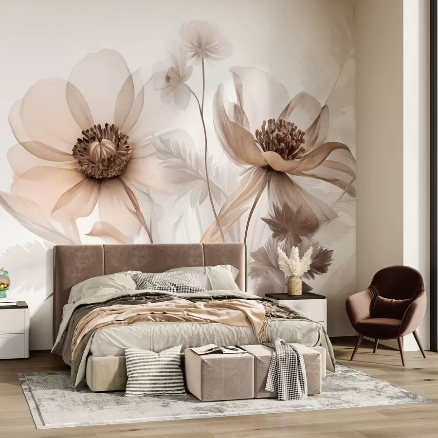 Fotobehang Grote, doorschijnende, sepia-kleurige bloemen met delicate bloemblaadjes, gevederde bladeren en kleinere bloemetjes w09900