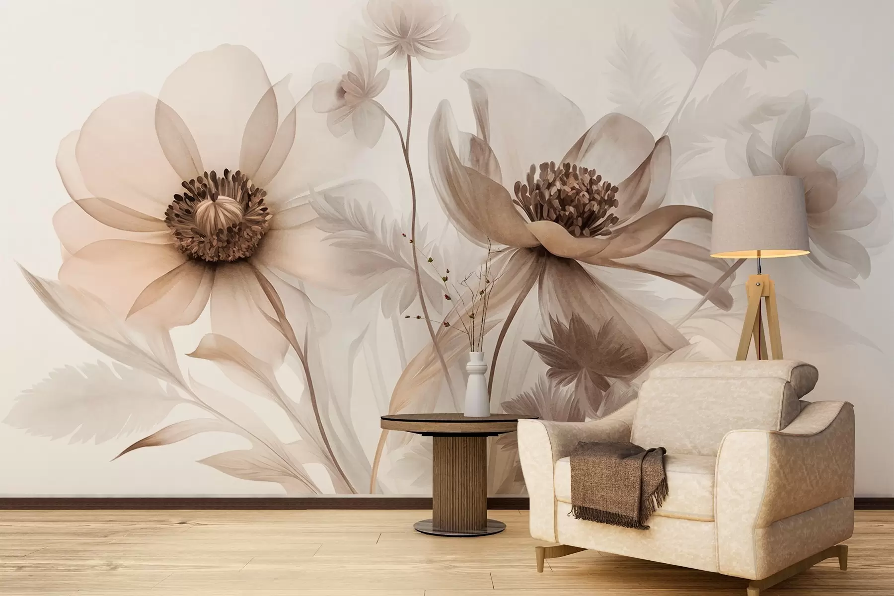 Fotobehang Grote, doorschijnende, sepia-kleurige bloemen met delicate bloemblaadjes, gevederde bladeren en kleinere bloemetjes w09900