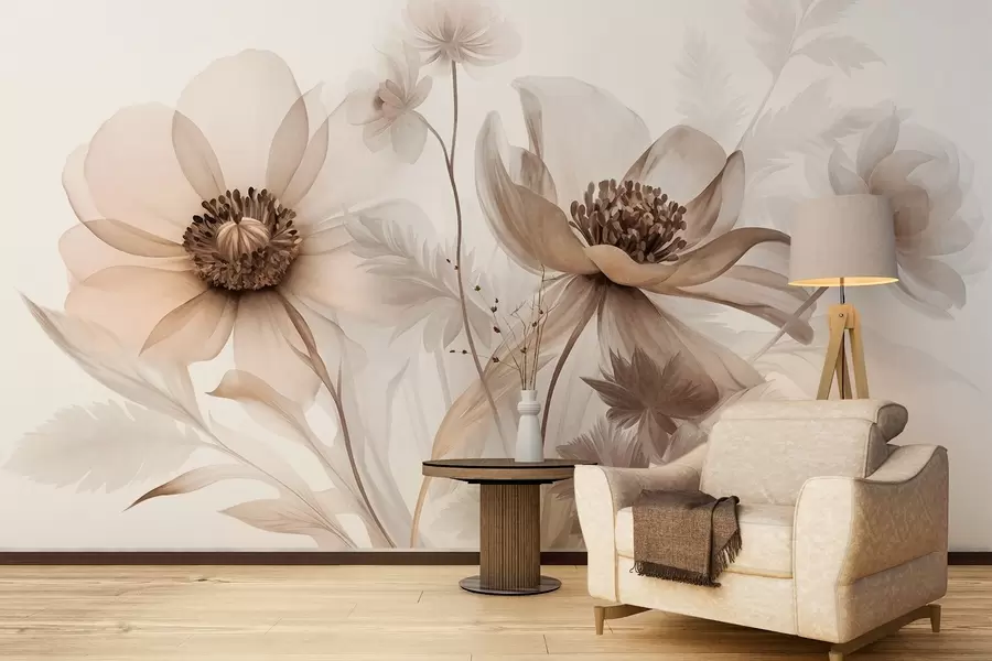 Fotobehang Grote, doorschijnende, sepia-kleurige bloemen met delicate bloemblaadjes, gevederde bladeren en kleinere bloemetjes w09900