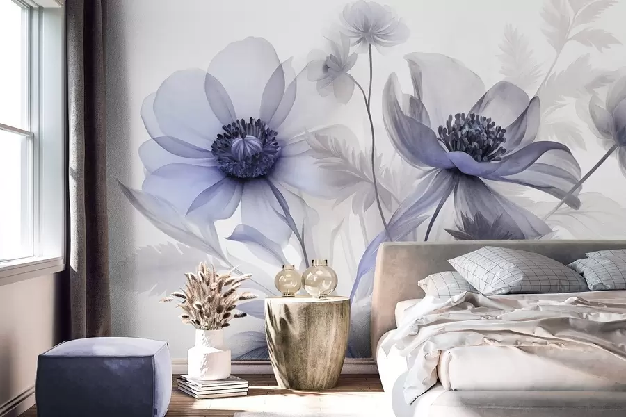 Fotobehang Grote, doorschijnende, blauwachtige bloemen met delicate bloemblaadjes, gevederde bladeren en kleinere bloemetjes w09900v1
