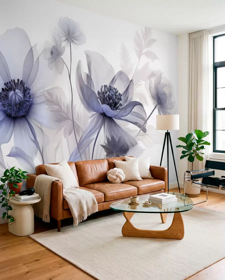 Fotobehang Grote, doorschijnende, blauwachtige bloemen met delicate bloemblaadjes, gevederde bladeren en kleinere bloemetjes w09900v1