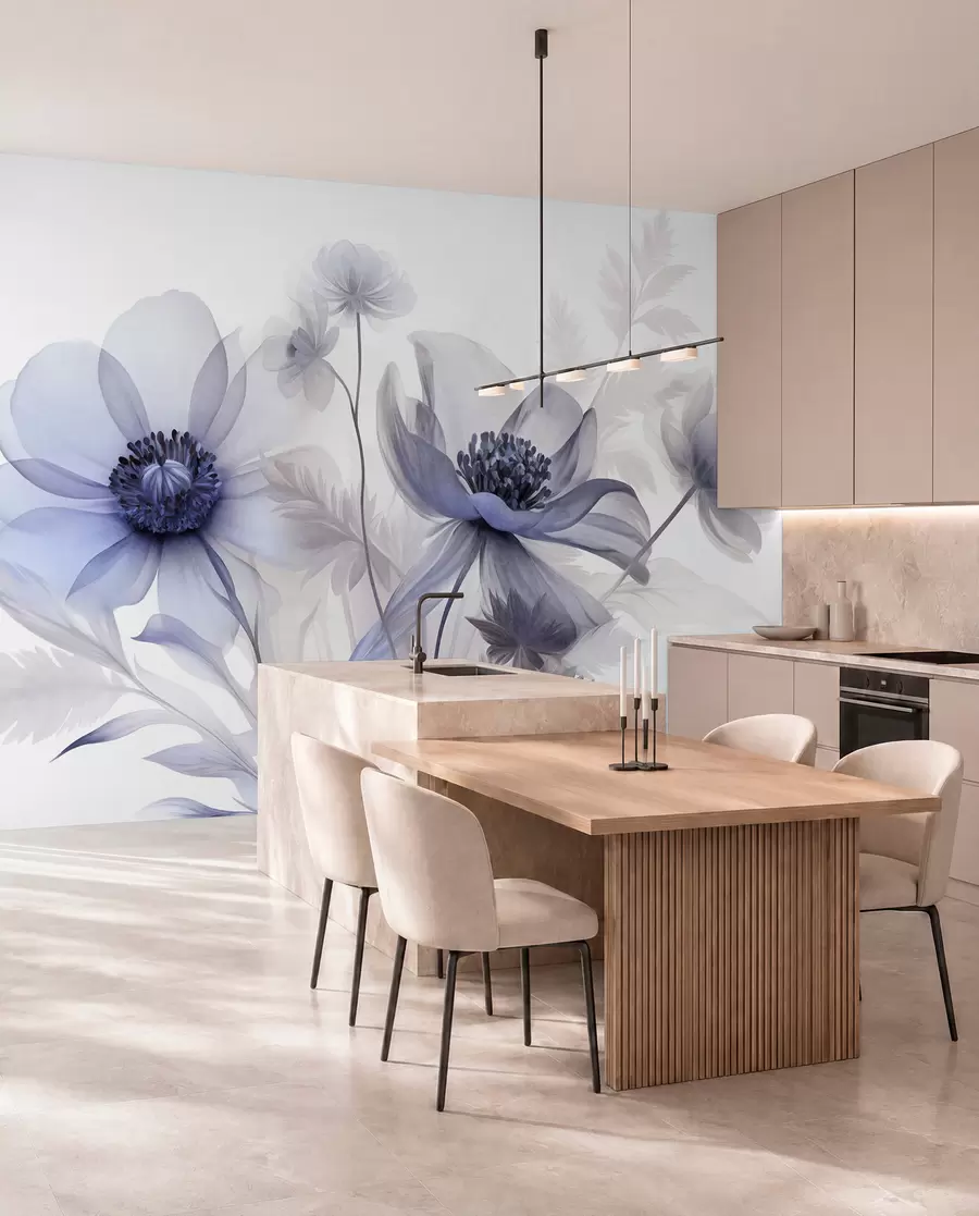 Fotobehang Grote, doorschijnende, blauwachtige bloemen met delicate bloemblaadjes, gevederde bladeren en kleinere bloemetjes w09900v1