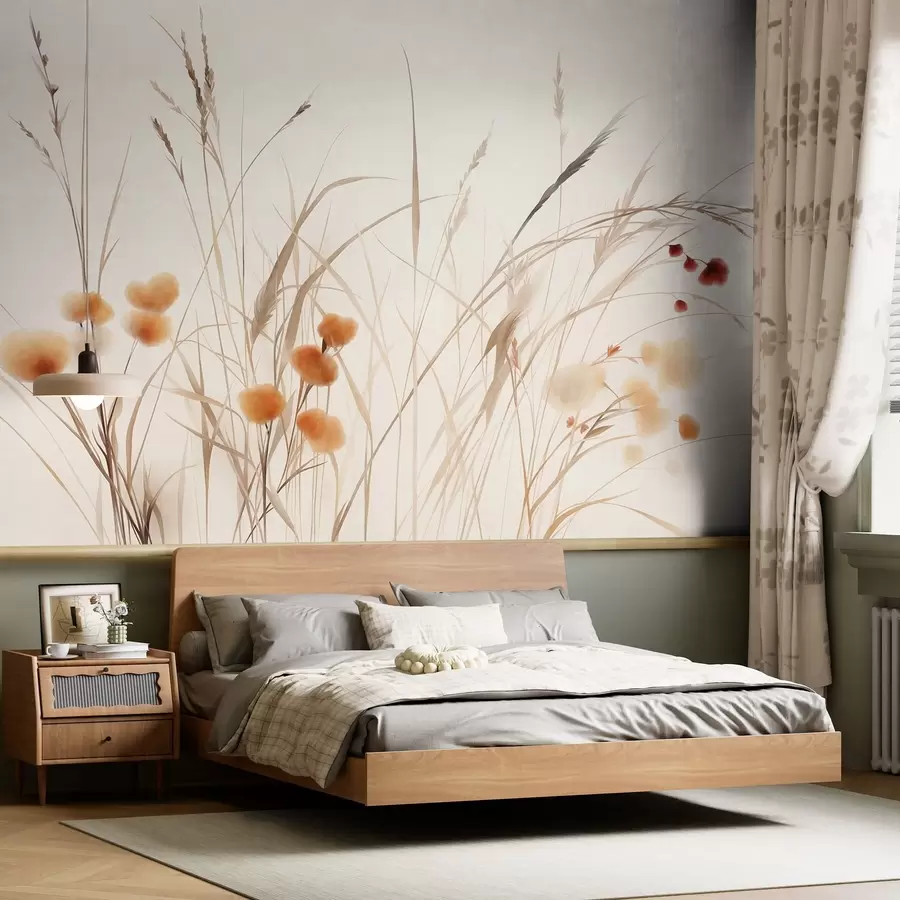 Fotobehang Hoog gras en kleine oranje wilde bloemen tegen een bleke achtergrond, in een boho-stijl met veel textuur w09902