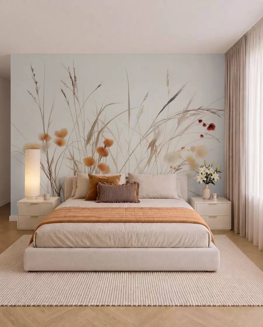 Fotobehang Hoog gras en kleine oranje wilde bloemen tegen een bleke achtergrond, in een boho-stijl met veel textuur w09902