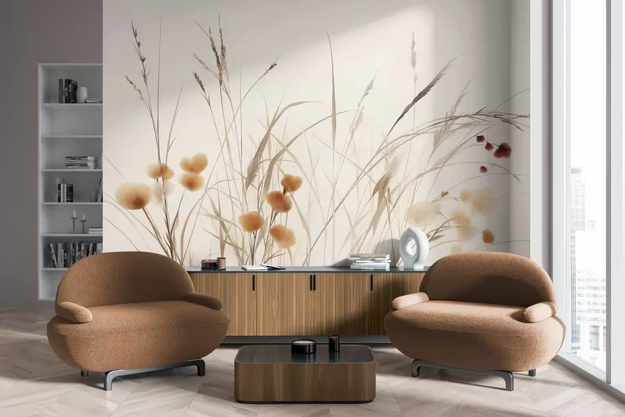 Fotobehang Hoog gras en kleine oranje wilde bloemen tegen een bleke achtergrond, in een boho-stijl met veel textuur w09902