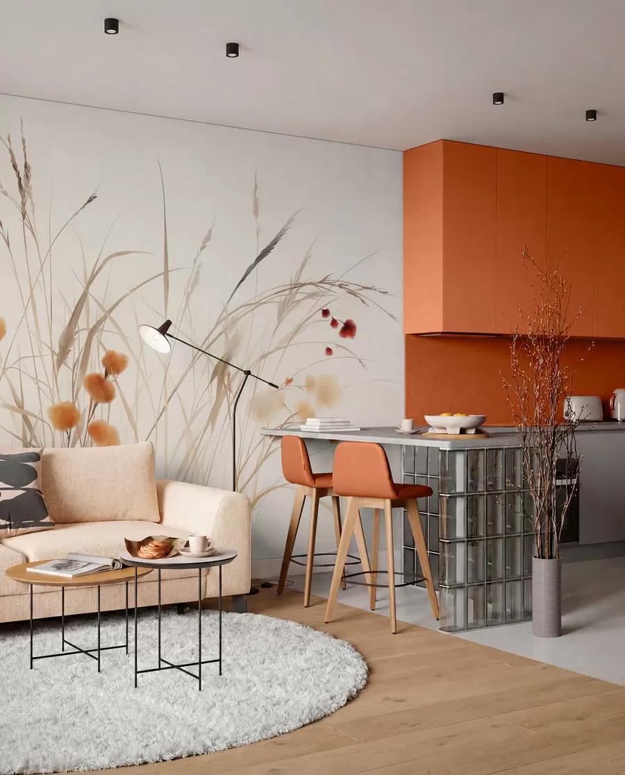 Fotobehang Hoog gras en kleine oranje wilde bloemen tegen een bleke achtergrond, in een boho-stijl met veel textuur w09902