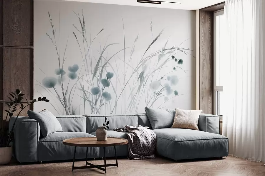 Fotobehang Hoog gras en kleine blauwe wilde bloemen tegen een lichte achtergrond, in een boho-stijl met veel textuur w09902v1