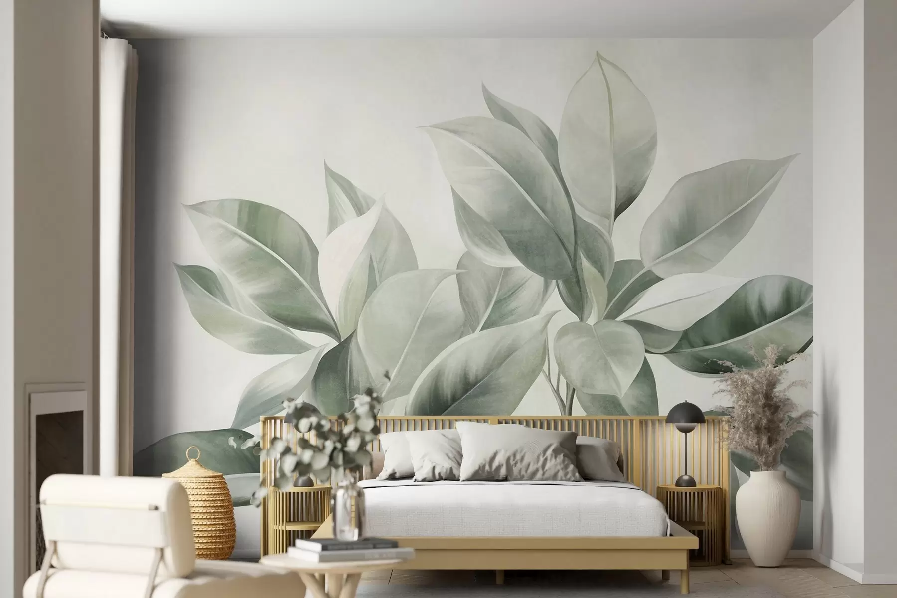 Fotobehang Lichtgroene bladeren tegen een bleke, zachte achtergrond, in een boho-stijl met textuur w09909