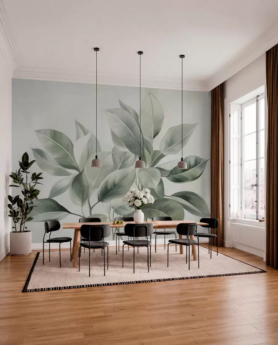 Fotobehang Lichtgroene bladeren tegen een bleke, zachte achtergrond, in een boho-stijl met textuur w09909
