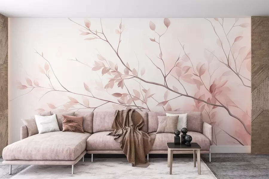 Fotobehang Fijne takjes met zachtroze blaadjes tegen een bleke achtergrond, in aquarelstijl w09910