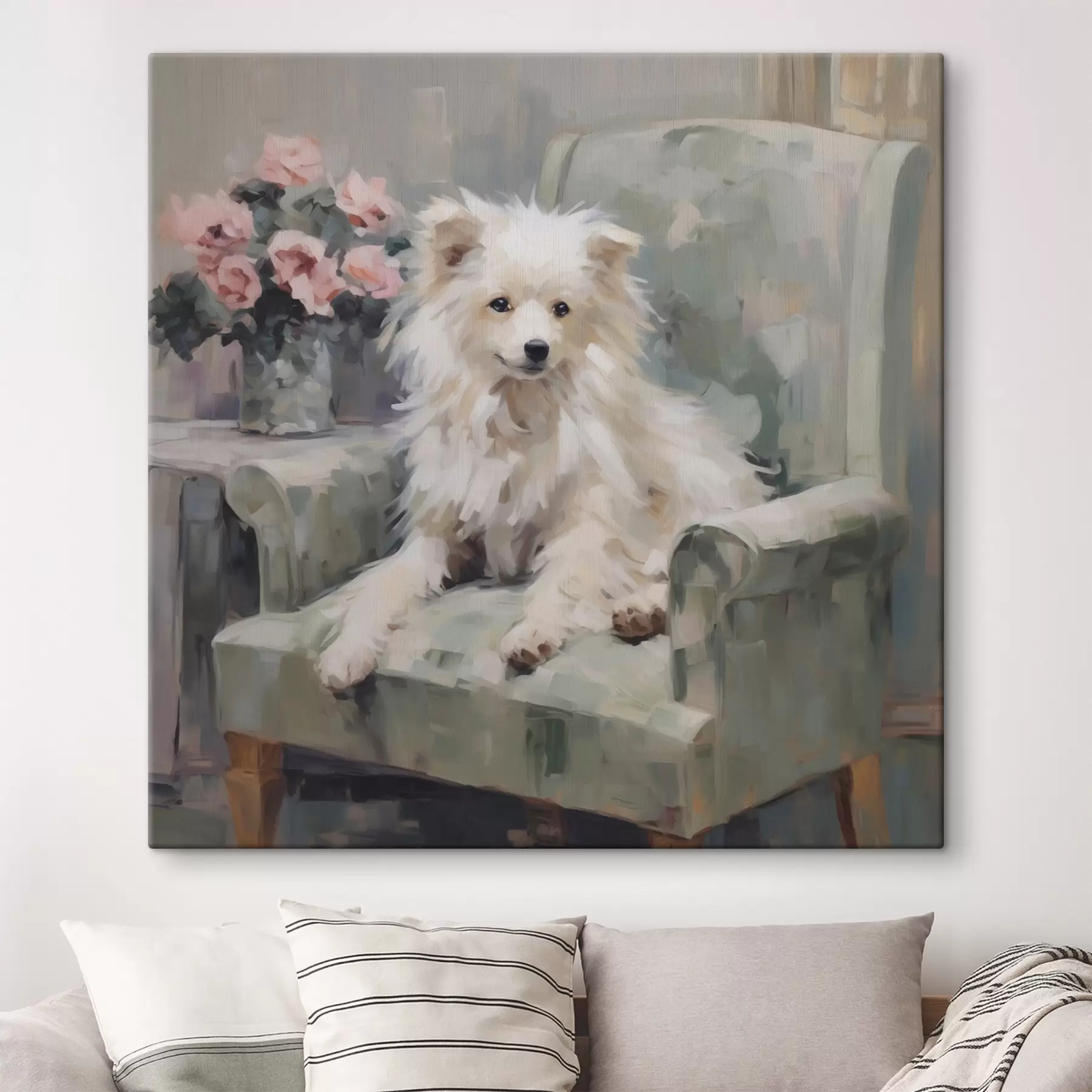  Schilderijen Een kleine hond op een stoel, imitatieschilderij s49597